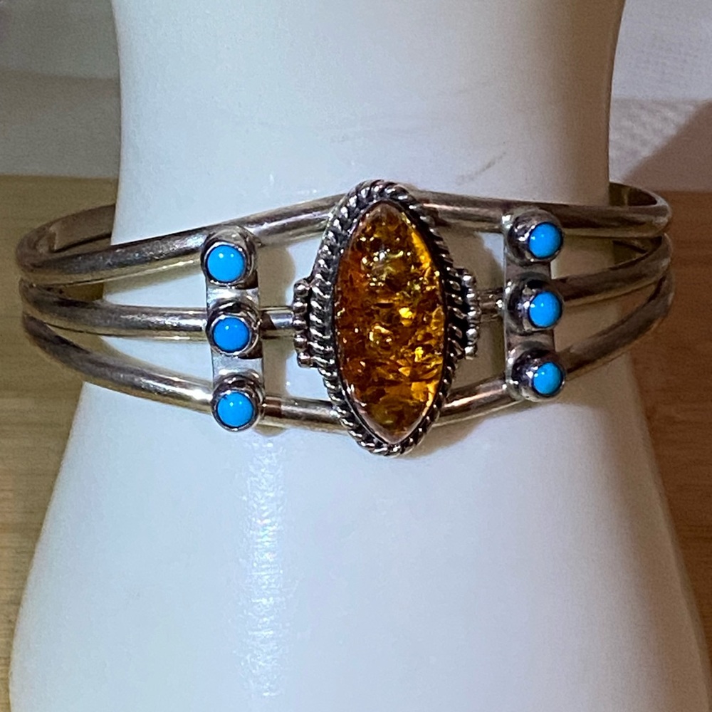 Navajo Vintage  Sterling Silver/Amber/Turquoise Bracelet by Running Bear